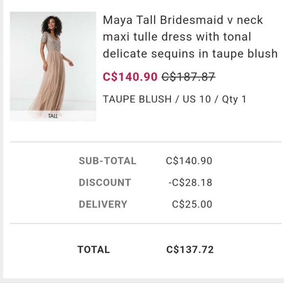 NWT Maya tall bridesmaid dress with sequins, tulle, in taupe blush. Size 10. - Picture 5 of 8